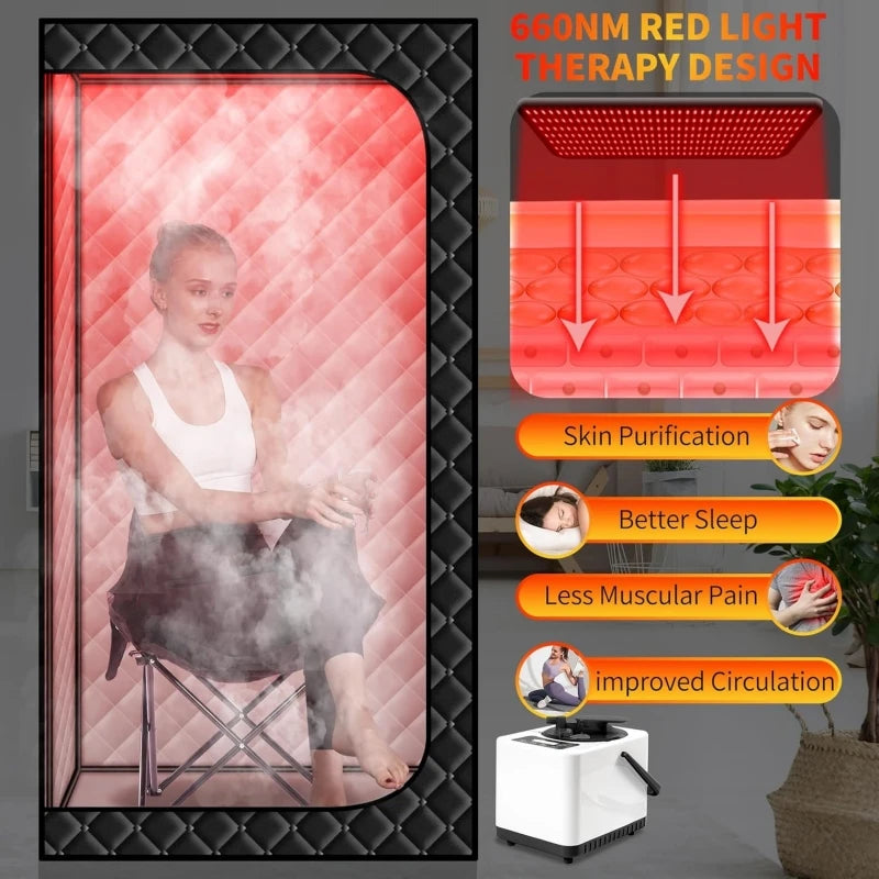 Portable Steam Sauna Box with Infrared 660nm Red Light Lamp for Home Personal Full Body Sauna Spa with 3L Steamer Indoor Use